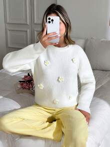 EURMUSE Daisy Delight 3D Floral Embroidered Cozy Knit Sweater  Fall Women Clothes Teacher Outfits For Women Autumn Clothes Daisy Sweater White Sweater Women Womens Pullover Sweater Sweater For Women Jumper For Women,Jumpers,Women's Jumpers - Beige - View 1