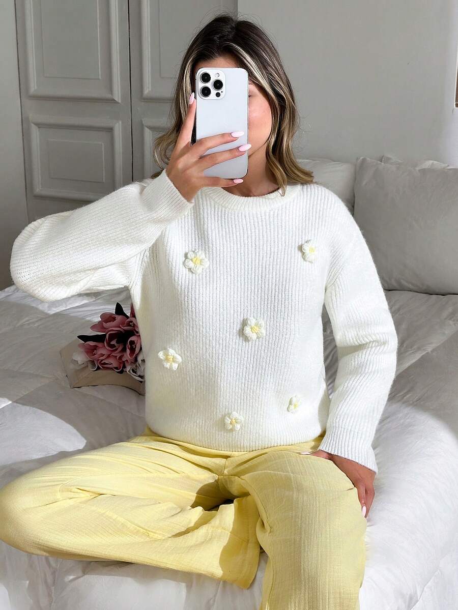 EURMUSE Daisy Delight 3D Floral Embroidered Cozy Knit Sweater  Fall Women Clothes Teacher Outfits For Women Autumn Clothes Daisy Sweater White Sweater Women Womens Pullover Sweater Sweater For Women Jumper For Women,Jumpers,Women's Jumpers - Beige - View 1
