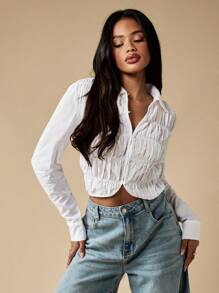 MISSGUIDED 褶饰前领纽扣长袖衬衫短款上衣休闲秋春时尚 - 白色 - 查看 1