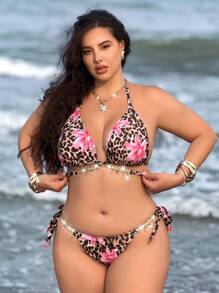 Swim Vcay Plus Size 2pcs Set Random Bling Decor Halter Triangle Bikini, Sexy Minimalist Fashion Women Beach Wear For Summer Beach Vacation - Multicolor - View 3