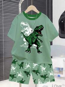 SHEIN Set de 2 piezas para niño preadolescente con camiseta de manga corta, cuello redondo y pantalón corto con estampado gráfico de Tiranosaurio Rex clásico y sencillo, para el verano - Multicolor - Ver 2
