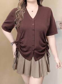 EMERY ROSE Cardigan casual monorange à manches courtes avec cordonnet à la taille, coupe ample pour femmes - Marron - Voir 4