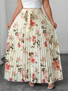 SHEIN Unity 大码女式优雅浪漫花卉印花腰部褶皱飘逸半身裙 - 彩色 - 查看 3