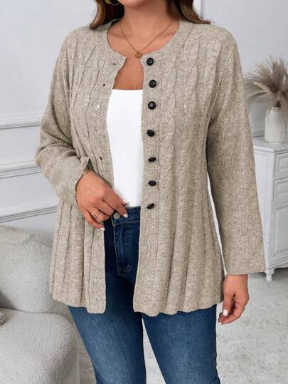 Plusstorlek Dam Kabelmönster Långärmad Enkelknäppt Casual Cardigan