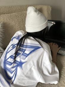 Strévra 女式宽松后背印花落肩T恤、图案T恤、返校服 - 白色 - 查看 1