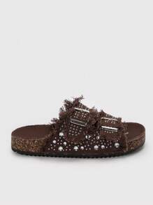 Solecia Women Round Toe Brocade Fringed Double-Buckle Flat Comfortable Casual, Party, Commuting Fashion Versatile Shoes For Christmas