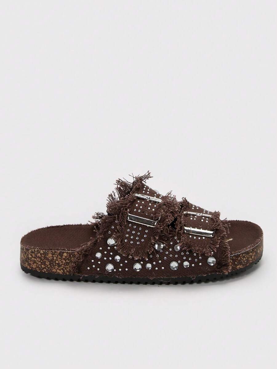 Solecia Women Round Toe Brocade Fringed Double-Buckle Flat Comfortable Casual, Party, Commuting Fashion Versatile Shoes For Christmas