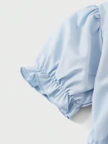Young Girl Countryside Style Backless Bowknot Decor Puff Sleeve Jumpsuit, Spring/Summer - Blue - View 8