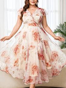 Reflora 大码女式优雅花卉印花连衣裙，夏季婚礼宾客长裙 - 彩色 - 查看 4