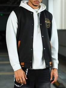 Manfinity Homme 男士秋冬休闲撞色条纹背心 男士运动夹克 棒球夹克 男士橄榄球夹克 运动夹克 男士无袖橄榄球夹克 - 黑色 - 查看 7