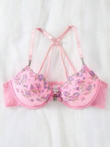 SHEIN Esselle 女士粉色前扣刺绣文胸 - 粉色 - 查看 6