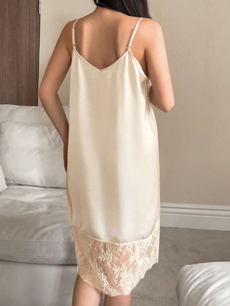 Sleeveless Women's Solid Color Elegant Lace Patchwork Nightgown Pajama