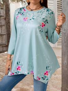 EMERY ROSE Tricou elegant cu imprimeu, pentru femei, mărime mare, cu tiv asimetric, mânecă 3/4 - Multicolor - Vizualizare 1