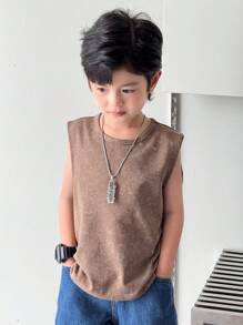 SHEIN Young Boy Letter Print Pattern Washed Loose Knit Casual Top - Brown - View 2