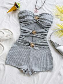 Soleia 女士度假白色针织纹理金属装饰修身连体裤，适合派对、约会、下午茶、音乐节、海滩巡游、夏季服装 - 杏色 - 查看 4