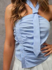 Avenya Women Striped Faux Collar Open Back Halter Top - Blue and White - View 3