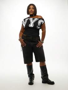 SUMWON WOMEN 纽约大码露肩休闲上衣女款都市街头风格侧褶朋克另类时尚 Y2K 街头服饰秋冬系列 - 黑色 - 查看 6