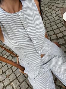 SHEIN EZwear 女士通勤条纹背心套装两件套日常装夏季女装2件套女商务休闲女舒适田园教师装夏季办公室装女秋冬 - 彩色 - 查看 6