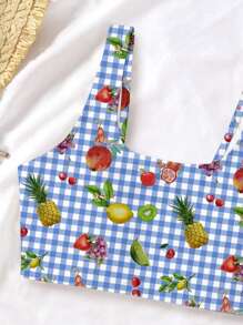 Tween Girls Casual Minimalist Colorful Tropical Fruit & Check Pattern Spaghetti Strap Tank Top & Briefs Swimsuit Set, Suitable For Summer - Multicolor - View 3