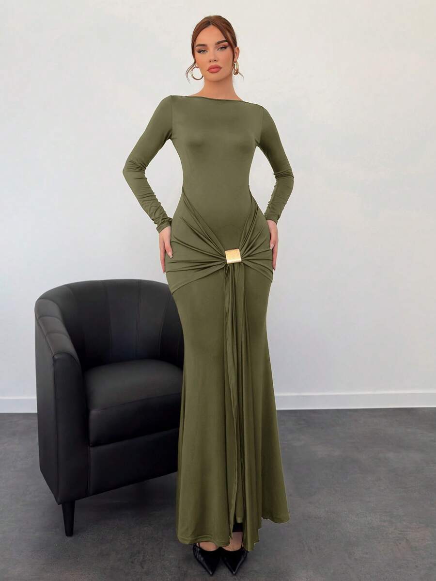 Aloruh Autumn/Winter New Meraid Women Long Dress - Army Green - View 1