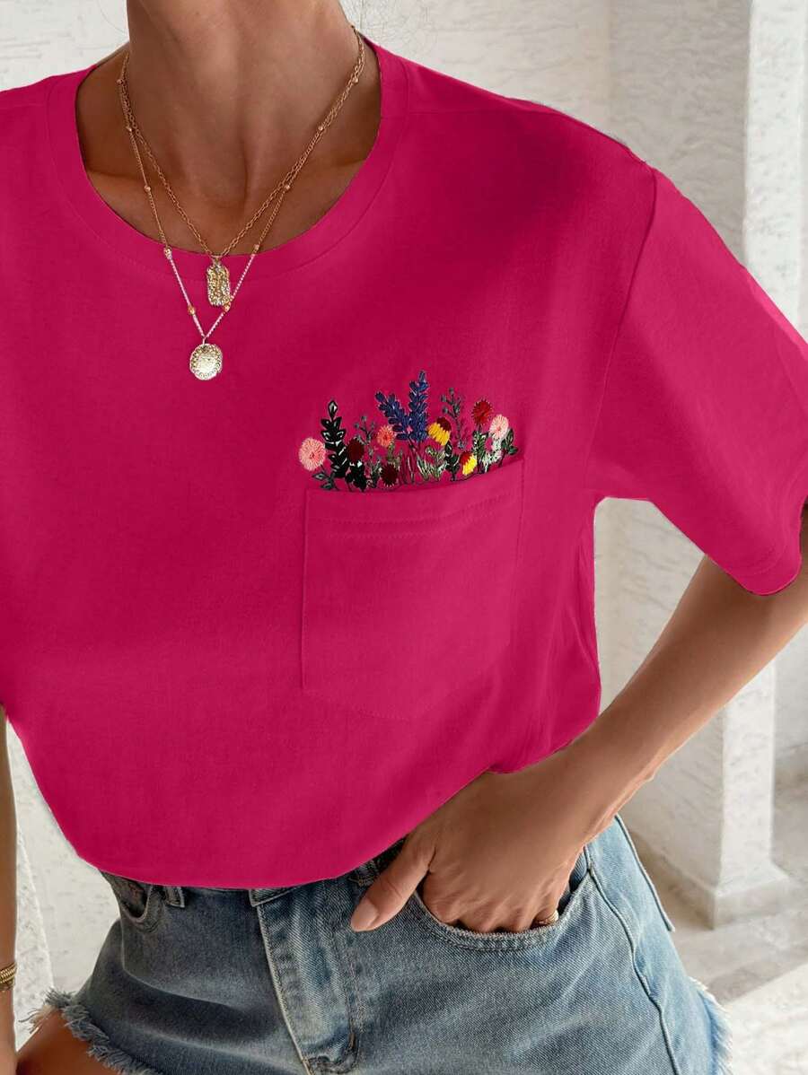 EURMUSE 100%Cotton T-Shirt With Flower Embroidery, Round Collar, Pocket Details - Hot Pink - View 1