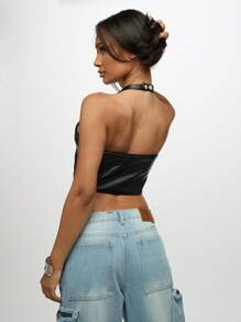 SUMWON WOMEN Parte superior tipo corsé con cuello halter de piel sintética, cierre delantero con cremallera, para club, festival, fiesta nocturna, chaleco con gargantilla con tachuelas