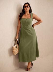 Elaquor 大码休闲纯色无袖连衣裙 - 軍綠色 - 查看 4