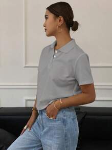 Livesso Women's Loose Casual Solid Color Polo Collar Short Sleeve T-Shirt Gray Tops Cropped Shirts Collared Shirt Gray Top Solid Color Tops Gray Cropped Polo Shirt Gray Collared Shirt Cropped Polo Top Solid Gray Top