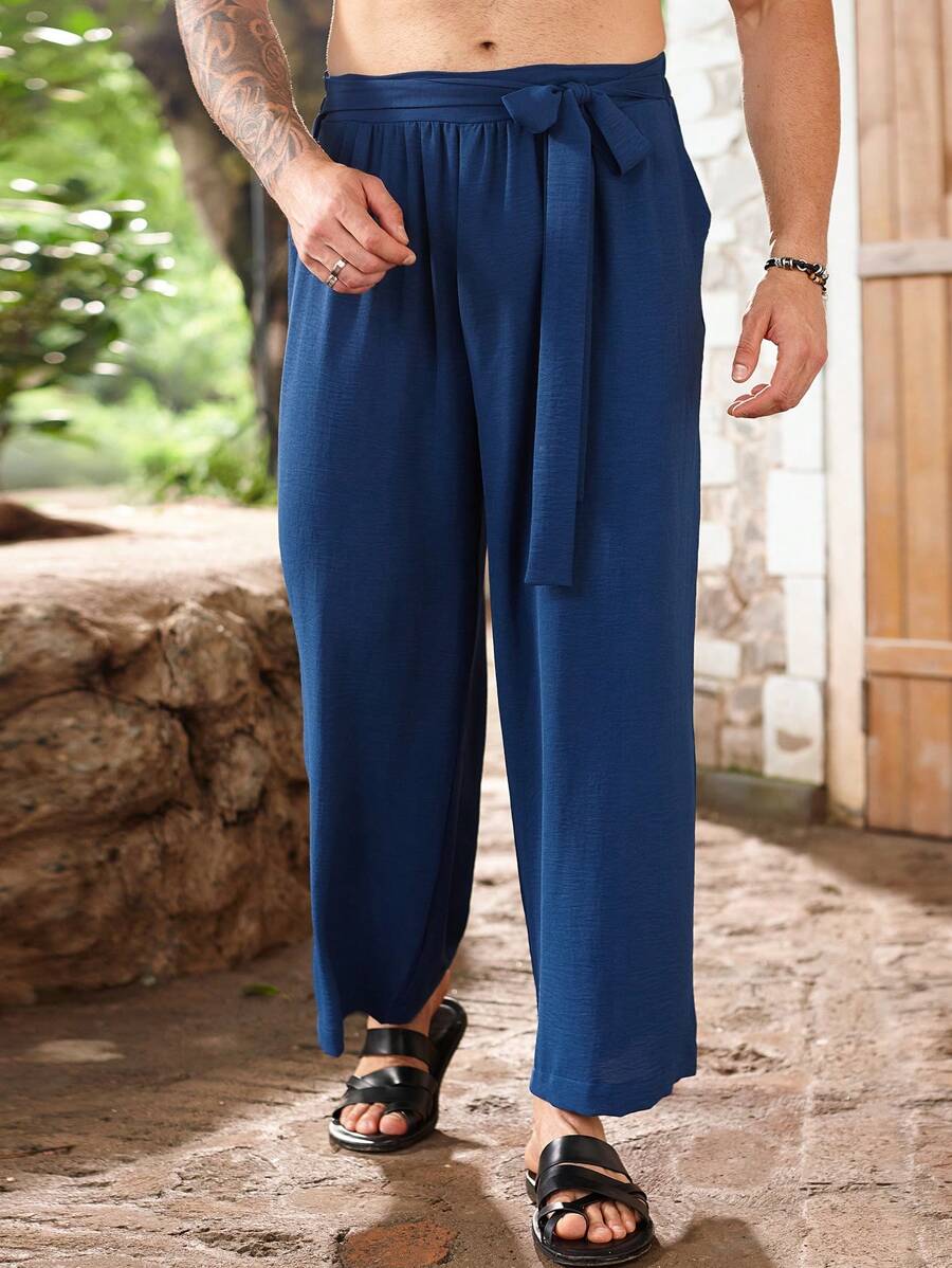 Manfinity Homme 秋季大码男士纯色系腰斜口袋锥形休闲裤 - 寶藍色 - 查看 1