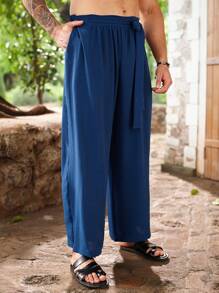 Manfinity Homme 秋季大码男士纯色系腰斜口袋锥形休闲裤 - 寶藍色 - 查看 5