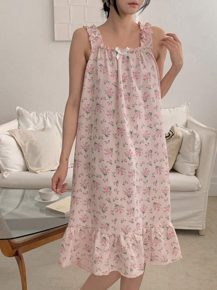 DAZY 甜美花卉荷叶边吊带睡裙，女士睡衣，宽松睡裙 - 淺粉色 - 查看 4