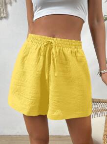 Vivid Eden Summer Beach Solid Knot Waist Shorts - Yellow - View 4