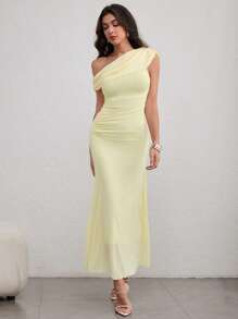 Modelyn Women's Extra Long Asymmetrical Ruched Knitted Slit Shoulder Bodycon Mesh Dress, Elegant & Charming, Light Yellow, Spring/Summer Yellow One Shoulder Ruched Dress - Light Yellow - View 5