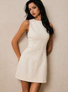 Poéselle Sleeveless Cream Denim Mini Dress – Fitted A-Line Jean Tank Dress For Women,Denim Mini Dress, Sleeveless Jean Dress, A-Line Denim Dress, Cream Denim Dress, Summer Mini Dress, Casual Denim Dress, White Denim Dress, Tank Dress Women, Old Money, Business Casual Woman