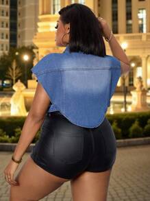 加大码性感镂空牛仔女牛仔夹克，街头风夏装 - 藍色 - 查看 5