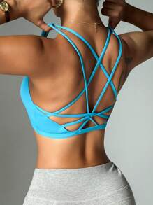 Dewbera Dewbera Soutien-gorge de sport sans dos de couleur unie simple pour femmes - Bleu azur - Voir 2