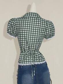 SHEIN ICON 女式泡泡袖格子纽扣休闲短袖格子印花衬衫 - 綠色 - 查看 2