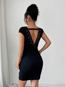 Elenzga Đầm mini hở lưng trang trí ngọc trai thanh lịch hàng ngày - màu đen - Xem 3