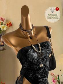 Attitoon Top tubo casual con cordón lateral y decoración de strass, estilo vintage