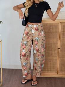 女式花卉印花高腰宽松锥形休闲牛仔裤 - 彩色 - 查看 4