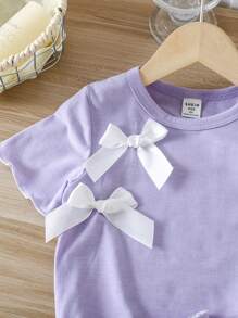 SHEIN Vintaside Kids 2pcs/Set Young Girl Bow Decor Short Sleeve T-Shirt And Shorts Casual Outfit, Summer - Mauve Purple - View 8