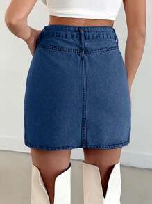 EURMUSE Minigonna di jeans casual con vita alta e tasche per donna - Blu lavato medio - Visualizzare 2