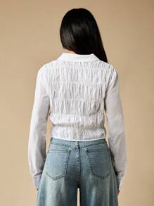 MISSGUIDED 褶饰前领纽扣长袖衬衫短款上衣休闲秋春时尚 - 白色 - 查看 2