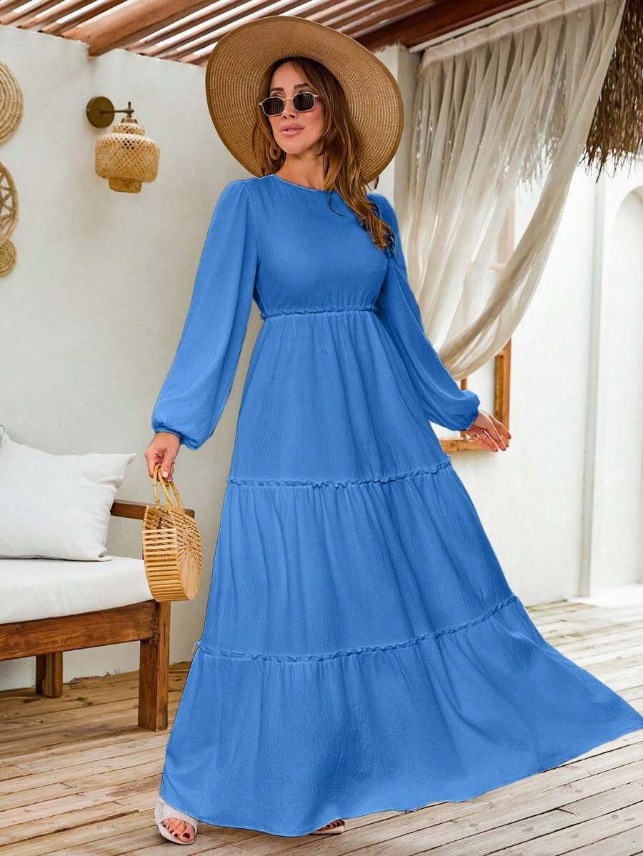 EURMUSE LANTERN LONG SLEEVE LAYERED LONG DRESS - Blue - View 1