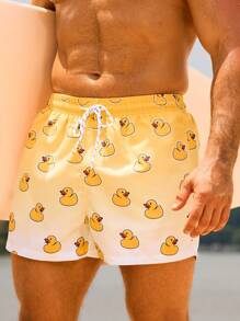 Surfspeed Men's Cartoon Duck Print Drawstring Waist Beach Shorts - Yellow - View 4