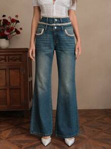 SHEIN Unity Fashion Women Straight Leg Floor Length Denim Jeans - Blue - View 4