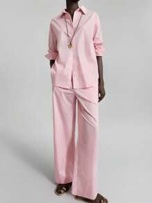 Ontre 现代都市风格，极简舒适风格，粉色，女式两件套，长裤，真口袋，翻领，长袖衬衫，松紧腰，长裤，日常穿着，通勤穿着，休闲穿着，商务休闲装，2025年新品，初秋 - 粉色 - 查看 4