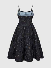 ROMWE Goth 大码女式夏季海滩波西米亚风假日新月与植物复古全印花无袖连衣裙 - 黑色 - 查看 3