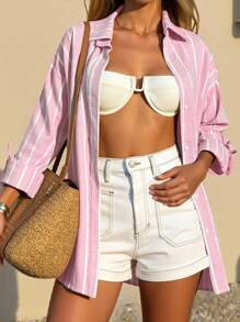 INAWLY Camisa casual de mujer de manga larga, monobotonada, con hombros caídos y rayas