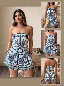 EMERY ROSE Conjunto de top tubo y pantalones cortos a juego con estampado floral, moda nueva de verano para mujer talla grande, outfit casual de playa y vacaciones - Multicolor - Ver 1